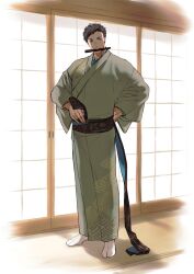 Rule 34 | 1boy, black eyes, black hair, black sash, commentary request, egasumi, folded fan, folding fan, green kimono, hand fan, indoors, japanese clothes, kimono, long sleeves, male focus, mouth hold, nijisanji, obi, official alternate costume, sash, short hair, shouji, sliding doors, socks, solo, standing, succo gura, tabi, tatami, very short hair, virtual youtuber, white socks, wide sleeves, yashiro kizuku, yashiro kizuku (5th costume)