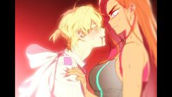 1boy 1girl alien_stage back_bow black_tank_top blonde_hair blood blood_from_mouth bow brown_hair colored_eyelashes hand_on_another&#039;s_shoulder highres hyuna_(alien_stage) long_hair lubya luka_(alien_stage) pillarboxed shirt short_hair smile sweat tank_top white_bow white_shirt