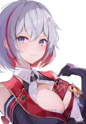 1girl absurdres between_breasts blush breasts cellphone hair_ornament highres honkai:_star_rail honkai_(series) large_breasts partially_unbuttoned phone phone_between_breasts pisuke_(user_kcmh2774) red_hair short_hair simple_background smartphone smile solo topaz_(honkai:_star_rail) white_background white_hair
