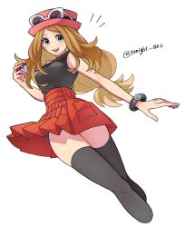 Rule 34 | 1girl, black thighhighs, blonde hair, blue eyes, blush, breasts, eyelashes, eyewear on headwear, hat, highres, holding, long hair, looking at viewer, mega ring, nintendo, open mouth, pink hat, poke ball, poke ball (basic), pokemon, pokemon xy, rain (tonight 862), red hat, red skirt, serena (pokemon), shirt, simple background, skirt, sleeveless, sleeveless shirt, smile, solo, sunglasses, thighhighs, white-framed eyewear, white background