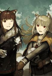 2girls absurdres animal_ears coat fox_ears fox_girl fox_tail fur-trimmed_coat fur_trim grey_hair highres holding holding_snowball holo jewelry kornod long_hair looking_at_another multiple_girls myuri_(spice_and_wolf) one_eye_covered pendant pouch red_eyes red_hair snowball spice_and_wolf tail