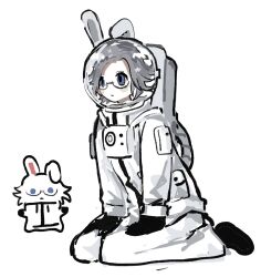 1boy animal_ears aotsuki_eito astronaut blue_eyes chibi chibi_inset full_body glasses grey_hair helmet highres korean_commentary male_focus pocket rabbit_boy rabbit_ears seiza short_hair simple_background sitting sizoplaygames sleeve_pouch solo space_helmet spacesuit the_hundred_line_-last_defense_academy- white_background