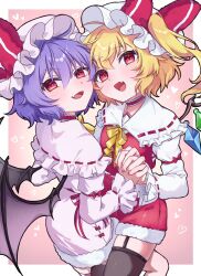2girls :d alternate_costume bat_wings black_garter_straps blonde_hair blue_hair bow choker clothing_request crystal_wings fang flandre_scarlet frilled_choker frills garter_straps hat hat_bow heart highres holding_hands interlocked_fingers long_sleeves looking_at_viewer midoro29 mob_cap multiple_girls open_mouth outside_border red_bow red_choker red_eyes remilia_scarlet short_hair side_ponytail skin_fang smile touhou wings