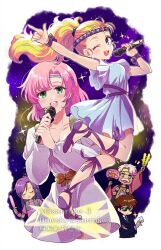 2boys 3girls bartz_klauser black_suit blonde_hair blue_dress blue_eyes blue_headband blue_necktie blush border breasts brown_hair cleavage closed_mouth collarbone collared_shirt dress facial_hair faris_scherwiz final_fantasy final_fantasy_v formal_clothes frilled_sleeves frills galuf_halm_baldesion gladiator_sandals grandfather_and_granddaughter green_eyes hair_tie hand_fan headband highres holding holding_fan holding_microphone idol juliet_sleeves krile_mayer_baldesion_(ff5) lenna_charlotte_tycoon long_hair long_sleeves medium_breasts medium_hair microphone multiple_boys multiple_girls music mustache necktie old old_man one_eye_closed open_mouth parted_bangs pink_hair pink_robe pink_shirt pointing ponytail puffy_sleeves purple_dress purple_hair ribbon robe sandals sanroku_3 security_guard shirt short_hair short_sleeves singing smile sparkle suit sunglasses swept_bangs twitter_username waving white_border white_hair white_shirt wrist_ribbon