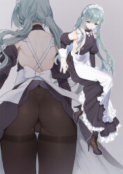 1boy apron aqua_hair armpits artist_name ass back back_bow backless_dress backless_outfit backless_skirt bare_back black_dress black_pantyhose black_shoes black_sleeves blunt_bangs blush bow bulge closed_mouth crossdressing crotch_seam dated detached_sleeves dress expressionless frilled_apron frilled_dress frills from_behind from_below from_side green_eyes grey_background high_heels highres juliet_sleeves layered_dress leg_up long_dress long_hair long_sleeves low_twintails maid maid_apron maid_headdress median_furrow multiple_views neck_ribbon no_panties original pantyhose puffy_sleeves ribbon shoes shoulder_blades sideless_outfit sidelocks signature sleeveless sleeveless_dress standing standing_on_one_leg stiletto_heels strappy_heels tawapo thigh_gap thighband_pantyhose trap twintails very_long_hair white_apron white_bow white_ribbon