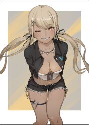 1girl ;) absurdres arms_behind_back belt black_belt black_jacket black_ribbon black_shorts blonde_hair breasts bustier collared_jacket commentary_request cutoffs dark-skinned_female dark_skin downblouse grin gyaru hair_ornament hair_ribbon highres jacket jewelry kaminari_qpi kaminari_qpi_(3rd_costume) leaning_forward lightning_bolt_symbol long_hair long_sleeves looking_at_viewer low_twintails masato_(mirai_koubou) medium_breasts navel necklace o-ring o-ring_thigh_strap official_alternate_costume one_eye_closed open_clothes open_jacket orange_eyes parted_lips ribbon rokku_gyaru shirt shorts side-tie_shorts smile solo strapless swept_bangs thigh_strap thighs tooth_necklace twintails very_long_hair virtual_youtuber vspo! white_shirt x_hair_ornament