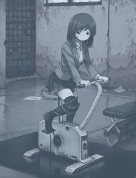 1girl animal bench blazer blue_theme closed_mouth collared_shirt commentary_request dithering exercise_bike exercising full_body glass_block_wall hamsterfragment imminent_bite indoors jacket jaggy_lines long_sleeves looking_down medium_hair monochrome no_shoes original over-kneehighs paper pleated_skirt reflective_floor school_uniform shirt sitting skirt snake snake_wrapped_around_leg solo suicidal_girl_(hamsterfragment) thighhighs window