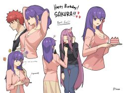 1boy 2girls apron black_apron black_shirt blue_pants breasts cake cleavage commentary denim eating emiya_shirou english_commentary english_text fate/hollow_ataraxia fate/stay_night fate_(series) food glasses hair_ribbon happy_birthday hat heart highres holding holding_plate implied_cannibalism jeans large_breasts long_hair matou_sakura medium_breasts medusa_(fate) medusa_(rider)_(fate) multiple_girls orange_eyes orange_hair pants party_hat pink_apron plate ponytail purple_eyes purple_hair ribbon shirt skirt suhyeon thigh_gap turtleneck turtleneck_shirt tying_hair very_long_hair yellow_skirt