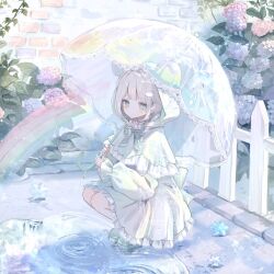Rule 34 | 1girl, :/, animal ears, aqua boots, aqua bow, aqua bowtie, aqua capelet, aqua eyes, back bow, beads, blunt bangs, blush, boots, bow, bowtie, braid, braided ponytail, building, bush, capelet, closed mouth, cloud hair ornament, day, dot nose, dress, fake animal ears, fence, flower, frilled capelet, frilled dress, frilled sleeves, frills, full body, hair bow, hair intakes, hair ornament, hair over shoulder, hairclip, hashtag-only commentary, highres, holding, holding umbrella, hood, hood up, hooded capelet, hydrangea, inaba 0717, lace-trimmed umbrella, light particles, light rays, long sleeves, looking at viewer, low side ponytail, medium dress, medium hair, original, outdoors, pink flower, puddle, puffy long sleeves, puffy sleeves, purple flower, rainbow, ripples, rubber boots, sidelocks, solo, squatting, sunbeam, sunlight, transparent, transparent umbrella, umbrella, umbrella over shoulder, water, water drop, watermark, white fence, white hair, wooden fence