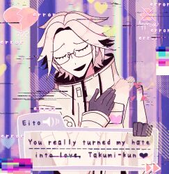 1boy aotsuki_eito black_gloves closed_eyes dialogue_box english_text eyebrows glasses glitch gloves heart male_focus open_mouth the_hundred_line_-last_defense_academy- white_hair yaoi