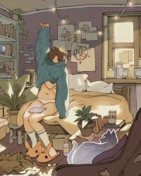 1girl animal animal_slippers aran_sweater arm_up backlighting bed bedroom belly black_eyes blanket blue_sweater bookshelf bottle box brown_hair cable_knit can candle candlestand cardboard_box cat ceiling cellphone clothes_on_floor covered_mouth crystal_ball drawing_(object) eyebrows_hidden_by_hair film_grain flower_pot full_body ghost glowing hair_over_one_eye indoors jar kneehighs knees_together_feet_apart light long_sleeves looking_at_viewer midriff navel on_bed one_eye_covered orange_slippers original panties paper partially_undressed pet phone photo_(object) pillow pinching_sleeves plant plump potted_plant puffy_long_sleeves puffy_sleeves scenery shelf shorts simz sitting skindentation sleeves_past_wrists slice_of_life slippers smartphone socks solo stomach stool string_of_light_bulbs sunlight sweater tape transparent tube_socks underwear undressing unworn_shorts white_panties white_socks window windowsill wooden_floor