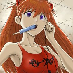 1girl armpits ceiling earphones female_focus food jeet mouth_hold neon_genesis_evangelion no_bra orange_hair popsicle purple_eyes segayuusuke solo souryuu_asuka_langley tank_top