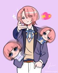 1girl absurdres arimura_mao belt blue_jacket blue_ribbon blunt_bangs blunt_ends blush bright_pupils chibigurumi commentary english_commentary gakuen_idolmaster hair_over_one_eye hand_in_pocket hatsuboshi_gakuen_school_uniform heart highres idolmaster jacket jennie_congee looking_at_viewer meme motion_blur neck_ribbon pants parody pink_background pink_hair pointing pointing_at_viewer purple_eyes ribbon school_uniform shirt short_hair simple_background smile sparkle sweater_vest white_pants white_pupils white_shirt woe_plague_be_upon_ye_(meme)