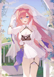 1girl absurdres blue_eyes blue_sky breasts cleavage commentary_request dress elysia_(honkai_impact) gloves hidzuchi_18 highres honkai_(series) honkai_impact_3rd looking_at_viewer official_alternate_costume open_mouth pink_hair sky solo twitter_username veil white_dress white_gloves white_veil