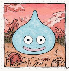 animated animated_gif black_eyes border cloud commentary dragon_quest english_commentary happy jumping looking_at_viewer looping_animation no_humans on_grass open_mouth outdoors pontoffel_nopockets red_sky rock signature sky slime_(dragon_quest) smile straight-on white_border