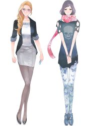 1boy 1girl aged_up androgynous animal_print black_shoes blonde_hair blue_leggings blue_shoes bob_cut bracelet breasts butterfly_print clothing_cutout collarbone formal_clothes glasses hair_over_shoulder high_heels holding holding_phone jewelry kiryuu_moeka lace-trimmed_collar lace_trim leggings long_hair looking_to_the_side medium_breasts medium_hair miniskirt office_lady official_art pantyhose pencil_skirt phone purple_eyes shirt shoes short_sleeves shoulder_cutout skirt skirt_suit skull_print sleeves_rolled_up smile steins;gate steins;gate:_the_committee_of_antimatter suit trap urushibara_ruka v_arms white_leggings yoshida_tadasu