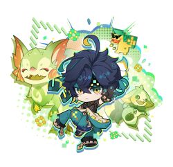 Rule 34 | 1boy, ahoge, ajaw (genshin impact), black gloves, black hair, chibi, closed mouth, ddugi0506, diamond-shaped pupils, diamond (shape), full body, genshin impact, gloves, green pants, hair between eyes, headband, highres, kinich (genshin impact), looking at viewer, multicolored eyes, outstretched arm, pants, short hair, short sleeves, symbol-shaped pupils, two-tone eyes, white background