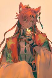 1boy animal_ear_fluff animal_ears braid bug butterfly cape chinese_clothes closed_eyes earrings firefly fox_boy fox_ears geene hair_between_eyes hair_ribbon highres holding_butterfly honkai:_star_rail honkai_(series) insect jewelry jiaoqiu_(honkai:_star_rail) long_hair male_focus mandarin_collar pink_hair red_cape red_ribbon ribbon simple_background solo tassel tassel_earrings twin_braids upper_body