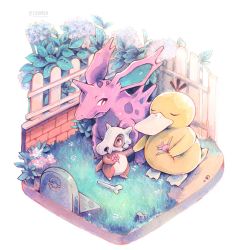 bone caomor commentary creatures_(company) cubone english_commentary closed_eyes fence flower game_freak gen_1_pokemon grave holding_hands holding holding_flower nidorino nintendo no_humans painting_(medium) pink_flower plant pokemon pokemon_(creature) psyduck simple_background tombstone traditional_media twitter_username watercolor_(medium) white_background