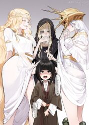 4boys age_difference black_hair charles_(gu599) cock_ring covered_eyes dark_souls_(series) dark_souls_i dark_souls_iii dark_sun_gwyndolin elden_ring fromsoftware gold_headwear height_difference helmet helmet_over_eyes highres japanese_clothes kuro_the_divine_heir long_hair looking_at_viewer lothric_(younger_prince) miquella_(elden_ring) multiple_boys onii-shota penis penis_on_head sekiro:_shadows_die_twice sex_toy simple_background smile spiked_helmet spiked_necklace trap very_long_hair white_hair