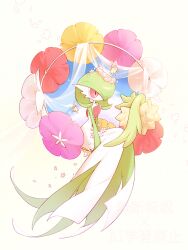 1girl artist_name blue_sky blush closed_mouth cloud colored_skin comfey cutiefly day female_focus flat_chest flower gardevoir gen_3_pokemon gen_7_pokemon green_skin hair_over_one_eye happy head_wreath light_blush looking_afar multicolored_skin nintendo one_eye_covered petals pokemon pokemon_(creature) purple_flower red_eyes red_flower signature sitting sky smile sok_(mr14_c) solo_focus tilted_headwear twitter_username two-tone_skin watermark white_background white_flower white_skin yellow_flower
