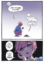 1girl comic commentary crab english_commentary english_text hairband head_rest highres insult komeiji_satori long_skirt long_sleeves mefomefo open_mouth pink_eyes pink_hair pink_skirt short_hair skirt slippers socks squatting third_eye touhou white_hairband white_socks