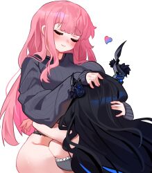 2girls absurdres alternate_costume asymmetrical_horns between_breasts black_hair blush bra breasts closed_eyes clothes_writing clulless grey_bra grey_panties grey_sweater hand_in_another&#039;s_hair head_between_breasts heart highres hololive hololive_english horns large_breasts mori_calliope multiple_girls nerissa_ravencroft panties pink_hair skindentation sweater underwear virtual_youtuber white_background yuri