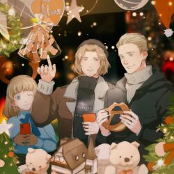 2boys axis_powers_hetalia bag beret black_jacket black_sky blonde_hair blue_bow blue_bowtie blue_capelet blue_eyes blue_shirt blurry blurry_background bow bowtie brown_gloves brown_hat brown_jacket capelet cellphone christmas christmas_lights christmas_ornaments christmas_tree christmas_wreath closed_mouth cup eating fake_antlers food food_on_face france_(hetalia) fur-trimmed_jacket fur_trim germany_(hetalia) gingerbread_man gloves hand_up hands_up hat heart_ornament highres holding holding_cup holding_food holding_phone hood hooded_jacket house index_finger_raised jacket lapels long_sleeves looking_at_another looking_at_object looking_at_viewer multiple_boys night night_sky one_eye_closed open_clothes open_jacket oplusplusplus orange_bow outdoors phone pointing pom_pom_(clothes) pretzel puffy_long_sleeves puffy_sleeves purple_eyes red_hat santa_hat shirt short_hair sky smartphone smile snowing star_(symbol) star_ornament steam stuffed_animal stuffed_toy sweater teddy_bear teeth turtleneck turtleneck_sweater white_sweater window wreath