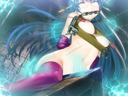 1girl alice_soft arms_behind_back bdsm blue_eyes blue_hair bondage bound breast_press breast_press_(device) breasts chain drooling electricity electrocution electrostimulation female_focus gag gagged game_cg hair_ornament indoors lia_parapara_leazas long_hair matching_hair/eyes navel nipple_clamps nipples nude purple_thighhighs rance_(series) restrained rolling_eyes saliva sitting solo tears thighhighs torture whip_marks wooden_horse