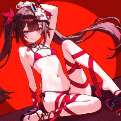 1girl :q arm_up bell bikini breasts brown_hair butterfly-shaped_pupils flower_tattoo fox_mask highres honkai:_star_rail honkai_(series) loli looking_at_viewer mark_under_both_eyes mask mask_on_head navel neck_bell o-ring o-ring_bikini rafi_(rafitea) red_bikini red_nails red_ribbon ribbon sandals skindentation small_breasts solo sparkle_(honkai:_star_rail) stomach string_bikini swimsuit symbol-shaped_pupils tattoo thighs toes tongue tongue_out twintails wet