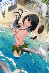 Rule 34 | 1girl, absurdres, bare shoulders, beach, bird, black hair, blush, bracelet, breasts, clam, cleavage, coconut, coconut bra, collarbone, covered erect nipples, crab, crowd, ear piercing, earrings, facial mark, flower, flower necklace, grass skirt, grey eyes, heart, heart facial mark, highres, jewelry, large breasts, lei, long hair, looking at viewer, mole, mole under eye, nabi (wonnikon), navel, necklace, original, palm leaf, palm tree, piercing, seagull, skirt, speech bubble, starfish, stomach, sweat, sweatdrop, tree, water, wonnikon