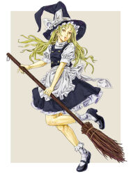 1girl apron back_bow black_hat black_shoes black_skirt black_vest blonde_hair border bow broom brown_background frilled_skirt frills from_side fuetakeyu full_body hat hat_bow head_tilt holding holding_broom kirisame_marisa long_hair looking_at_viewer looking_to_the_side mary_janes puffy_short_sleeves puffy_sleeves shirt shoes short_sleeves simple_background skirt socks solo touhou vest waist_apron white_apron white_border white_bow white_shirt white_socks witch_hat