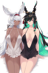 2girls animal_ears bare_shoulders black_hair blush breasts cait_aron cleavage collarbone colored_inner_hair dark-skinned_female dark_skin gradient_eyes granblue_fantasy green_hair highres horns large_breasts long_hair looking_at_viewer makura_(granblue_fantasy) multicolored_eyes multicolored_hair multiple_girls orange_eyes payila_(granblue_fantasy) pointy_ears rabbit_ears red_eyes smile thighs white_hair