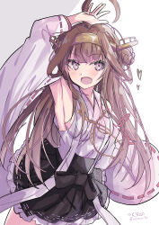 1girl absurdres ahoge arm_up armpits brown_eyes brown_hair detached_sleeves double_bun fang hair_bun hair_intakes hairband heart highres hizaka kantai_collection kongou_(kancolle) nontraditional_miko open_mouth skirt smile solo twitter_username wide_sleeves