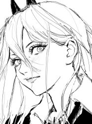 1girl black_horns black_necktie blush chainsaw_man collared_shirt cross-shaped_pupils demon_horns from_side greyscale hair_behind_ear horns inoitoh light_blush long_eyelashes looking_at_viewer monochrome necktie power_(chainsaw_man) shirt simple_background sketch symbol-shaped_pupils white_background white_hair white_shirt