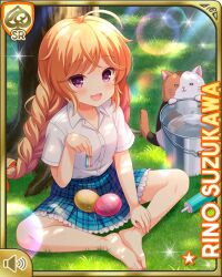 1girl :d ahoge barefoot bikini bow braid brown_hair card_(medium) cat cat_smile character_name collarbone day girlfriend_(kari) grass green_bow hair_ribbon official_art open_mouth outdoors plaid_clothes plaid_skirt pleated_skirt polka_dot polka_dot_bow purple_eyes qp:flapper ribbon school_uniform shoes sitting skirt smile solo suzukawa_rino swimsuit swimsuit_under_clothes twin_braids water water_balloon water_bucket yellow_bikini