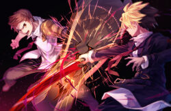 2boys ahoge armband black_hair blonde_hair clash duel fighting holding holding_shield holding_sword holding_weapon kido_hyde multicolored_hair multiple_boys necktie online_neet open_mouth orange_eyes orange_hair school_uniform shield shirt short_hair sword tsurugi_(under_night_in-birth) two-tone_hair under_night_in-birth under_night_in-birth_2_sys:celes weapon white_shirt
