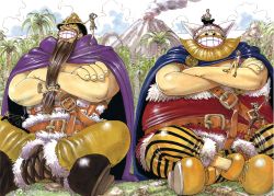 2000 2boys 2girls 4boys 6+boys beard black_hair blonde_hair blue_hair brogy_(one_piece) cape cover cover_page crossed_arms dorry_(one_piece) facial_hair formal_clothes giant green_hair haramaki hat helmet highres indian_style little_garden monkey_d._luffy multiple_boys multiple_girls multiple_swords nami_(one_piece) nami_(one_piece)_(little_garden) nefertari_vivi oda_eiichirou official_art one_piece orange_hair ponytail roronoa_zoro sandai_kitetsu sandals sanji_(one_piece) sitting size_difference smile straw_hat suit sword usopp volcano wado_ichimonji weapon yubashiri