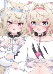 Rule 34 | 2girls, absurdres, animal ear fluff, animal ears, bandaid, bandaid hair ornament, belt, blonde hair, blue eyes, blue hair, blue nails, blush, breasts, collarbone, dog ears, dog girl, fuwawa abyssgard, fuwawa abyssgard (1st costume), hair between eyes, hair intakes, hair ornament, hairclip, headphones, headphones around neck, highres, hololive, hololive english, horn hairband, kasutera mikan, large breasts, long hair, long sleeves, looking at viewer, mococo abyssgard, mococo abyssgard (1st costume), multiple girls, navel, open mouth, parallel hairclips, pink eyes, pink hair, pink nails, shirt, short hair, short sleeves, siblings, simple background, sisters, smile, stomach, twins, white background, white shirt, x hair ornament