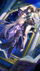 2girls absurdres bare_back black_boots black_dress black_hair boots breasts commentary detached_sleeves dress english_commentary frilled_sleeves frills full_body gloves green_eyes grey_hair hat herta_(honkai:_star_rail) high_heel_boots high_heels highres honkai:_star_rail honkai_(series) karlhe long_hair looking_at_viewer median_furrow multiple_girls purple_eyes ruan_mei_(honkai:_star_rail) the_herta_(honkai:_star_rail) very_long_hair witch_hat