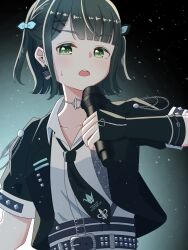 1girl belt black_jacket black_necktie collarbone collared_shirt commentary flipped_hair hair_ornament highres holding holding_microphone i_do_me!_(love_live!) jacket link!_like!_love_live! love_live! microphone momose_ginko necktie official_alternate_costume okome_(okome_l_l) open_clothes open_collar open_jacket shirt short-sleeved_jacket short_sleeves solo studded_belt two_side_up upper_body virtual_youtuber white_shirt x_hair_ornament