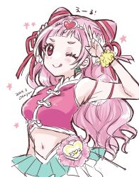 ;p breasts clothing_cutout clover_earrings cone_hair_bun cure_yell four-leaf_clover_earrings hair_bun hair_ornament heart heart_hair_ornament heart_pouch highres hugtto!_precure layered_skirt long_hair magical_girl navel navel_cutout nono_hana okayashi one_eye_closed pink_eyes pink_hair precure short_bangs skirt small_breasts thick_eyelashes tongue tongue_out waist_brooch wavy_hair