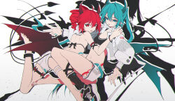 2girls absurdres backless_outfit barefoot drill_hair green_hair hatsune_miku highres horns kasane_teto multiple_girls navel red_hair tiandingfengren twin_drills utau vocaloid wings