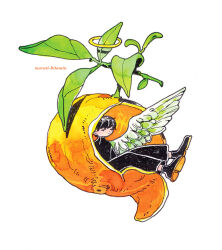 1boy analogous_colors angel angel_wings artist_name black_footwear black_hair black_pants black_shirt closed_eyes feathered_wings feathers food fruit full_body green_feathers green_wings halo ink_(medium) leaf male_focus maruti_bitamin on_food orange_(fruit) original painting_(medium) pants plant shirt short_hair simple_background sitting solo traditional_media watercolor_(medium) white_background white_feathers wings yellow_halo