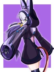 1girl altina_orion animal_hood black_gloves black_hoodie border double-parted_bangs eiyuu_densetsu fake_tail floating_hair gloves green_eyes hair_between_eyes highres hood hoodie ibaraneko long_hair looking_at_viewer purple_background rabbit_hood sen_no_kiseki sen_no_kiseki_(series) sen_no_kiseki_ii simple_background solo tail two-tone_background white_border