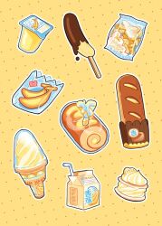 bag baguette banana banana_slice border bread cake chocolate_banana commentary cookie drinking_straw english_commentary food food_focus food_wrapper fruit ice_cream ice_cream_cone ice_cream_sandwich milk_carton no_humans original plastic_bag polka_dot polka_dot_background popsicle_stick pudding simple_background sixiao_tang swiss_roll whipped_cream white_border yellow_background yellow_theme