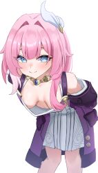 1girl absurdres blue_eyes blush breasts coat commentary_request cyrene_(honkai:_star_rail) dress hair_intakes hair_ornament highres honkai:_star_rail honkai_(series) leaning_forward looking_at_viewer medium_breasts medium_hair no_bra pink_hair pink_pupils purple_coat rua_(rua0007113) simple_background smile solo white_background white_dress