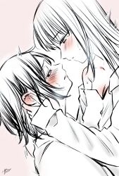 Rule 34 | 2girls, blush, closed eyes, commentary request, ear blush, greyscale, highres, ichino rai, long hair, looking at another, medium hair, monochrome, multiple girls, off shoulder, original, parted lips, pink background, shirt, simple background, sleeves past wrists, spot color, sweat, yuri