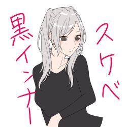 1girl alternate_costume ao_saryaruhu arm_at_side black_shirt blush breasts brown_eyes clothes_lift collarbone embarrassed eyelashes female_focus fire_emblem fire_emblem_awakening hand_up highres japanese_text long_hair long_sleeves looking_to_the_side medium_breasts neck parted_lips robin_(female)_(fire_emblem) robin_(fire_emblem) shirt shirt_lift sidelocks simple_background standing swept_bangs translation_request turning_head twintails upper_body white_background white_hair