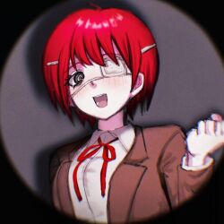 1girl brown_jacket collared_shirt danganronpa_(series) danganronpa_3_(anime) freckles hope&#039;s_peak_academy_school_uniform jacket koizumi_mahiru kun_(oxx_kn_xxo) looking_at_viewer neck_ribbon open_clothes open_jacket red_hair red_ribbon ribbon school_uniform shirt short_hair smile solo white_shirt